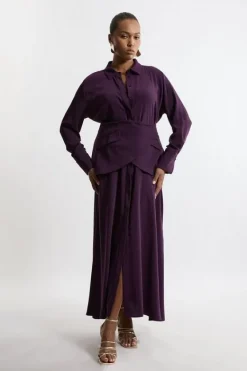 Karen Millen Plus Size Soft Tailored Belted Maxi Shirt Dress aubergine Fashion