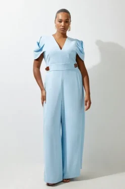 Karen Millen Plus Size Soft Tailored Crepe Tab Detail Pleated Jumpsuit paleblue Outlet