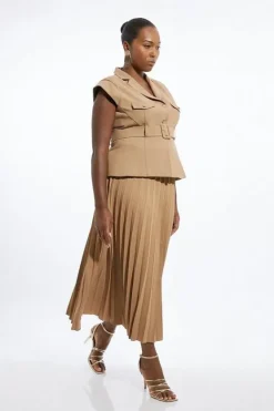 Karen Millen Plus Size Soft Tailored Crepe Belted Pleated Midi Dress camel Online