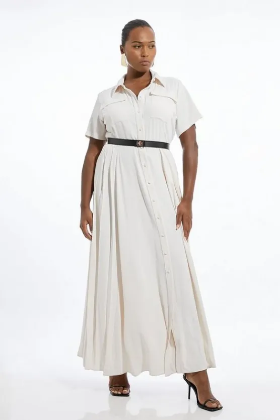 Karen Millen Plus Size Soft Tailored Pleat Panel Midi Shirt Dress ivory Fashion