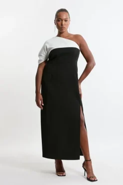 Karen Millen Plus Size Structured Crepe Asymmetric Cape Detail Tailored Midi Dress mono Discount