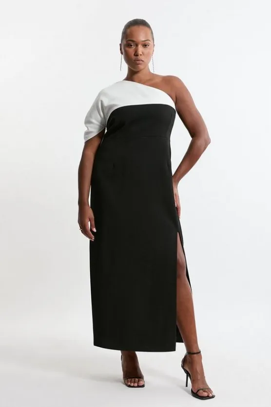 Karen Millen Plus Size Structured Crepe Asymmetric Cape Detail Tailored Midi Dress mono Discount