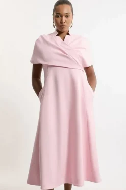 Karen Millen Plus Size Structured Crepe Cape Detail Full Skirted Tailored Midi Dress fuchsia Clearance