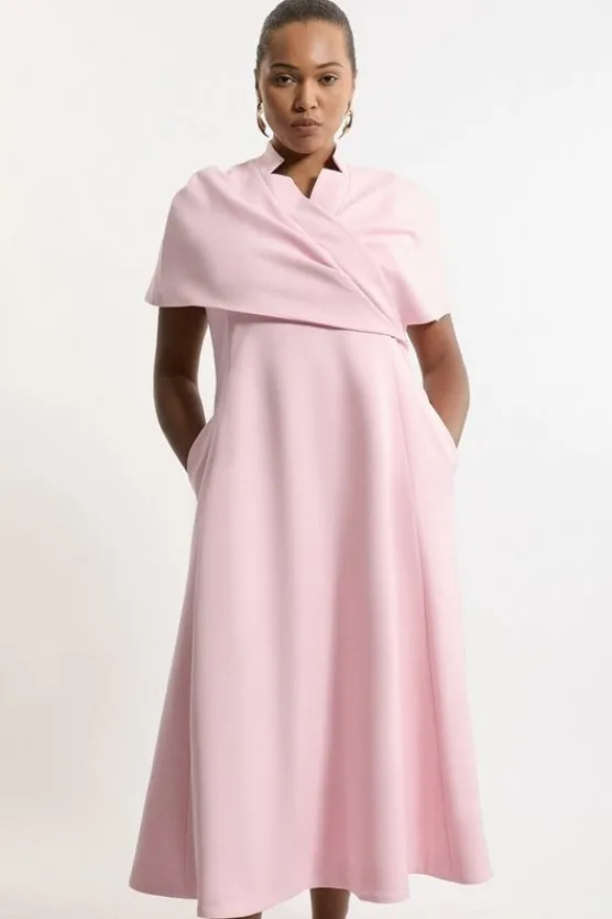 Karen Millen Plus Size Structured Crepe Cape Detail Full Skirted Tailored Midi Dress fuchsia Clearance