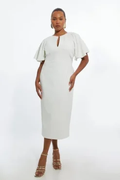 Karen Millen Plus Size Structured Crepe Ruffle Sleeve Tailored Midi Pencil Dress ivory Hot