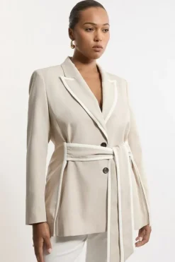 Karen Millen Plus Size Tailored Belted Tipped Suit Set natural Clearance