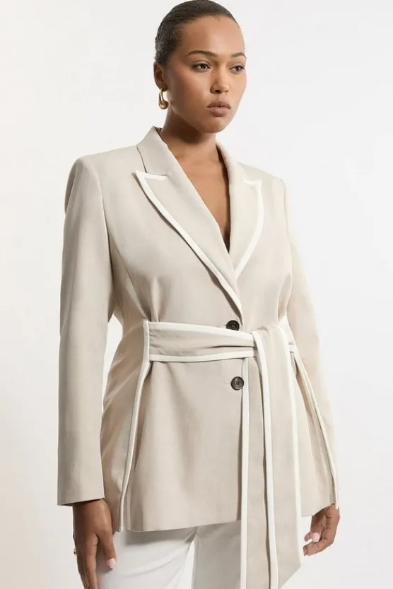 Karen Millen Plus Size Tailored Belted Tipped Suit Set natural Clearance