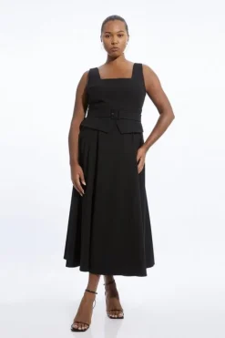 Karen Millen Plus Size Tailored Full Skirted Panel Belted Midi Dress black Clearance