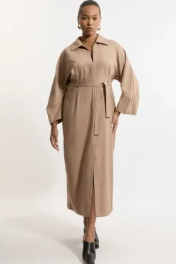 Karen Millen Plus Size Tailored Wide Sleeve Maxi Shirt Dress camel Fashion