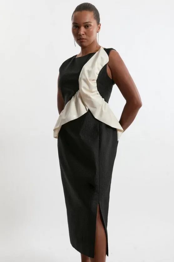 Karen Millen Plus Size Textured Tailored Contrast Taffeta Ruffle Maxi Dress black Clearance