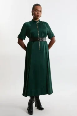 Karen Millen Plus Size Top Stitch Satin Georgette Woven Shirt Maxi Dress forest Best