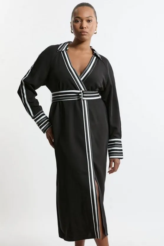 Karen Millen Plus Size Twill Stripe Detail Collared Midaxi Dress black Discount