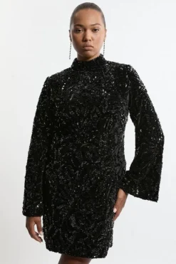 Karen Millen Plus Size Velvet Sequin Flare Woven Mini Dress black Best