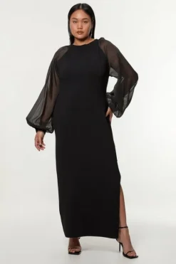 Karen Millen Plus Size Viscose Blend Compact Knit Chiffon Sleeve Maxi Dress black Clearance