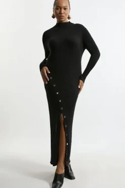 Karen Millen Plus Size Viscose Blend Popper Detail Split Knit Midaxi Dress black New