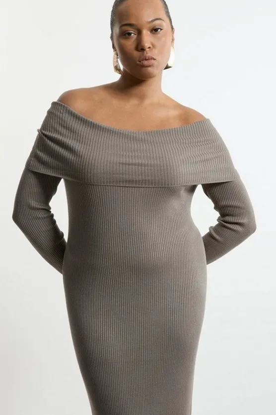 Karen Millen Plus Size Viscose Blend Rib Detail Off The Shoulder Knit Midi Dress grey Outlet