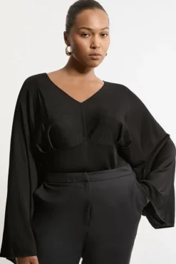 Karen Millen Plus Size Viscose Blend Slinky Kimono Sleeve Knit Top black Discount