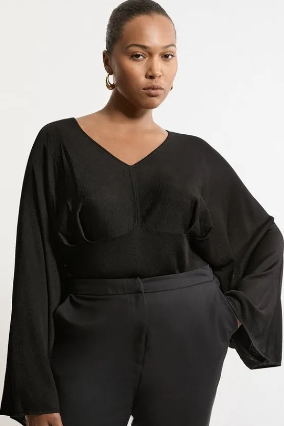 Karen Millen Plus Size Viscose Blend Slinky Kimono Sleeve Knit Top black Discount