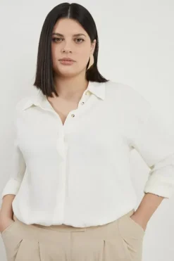 Karen Millen Plus Size Viscose Crepe Long Sleeve Collared Shirt ivory Hot
