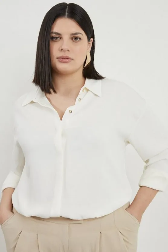 Karen Millen Plus Size Viscose Crepe Long Sleeve Collared Shirt ivory Hot