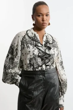 Karen Millen Plus Size Viscose Crinkle Placed Lace Printed Blouse black_white Best