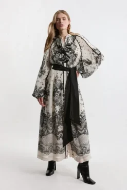 Karen Millen Plus Size Viscose Crinkle Placed Lace Printed Woven Midaxi Dress black_white Discount