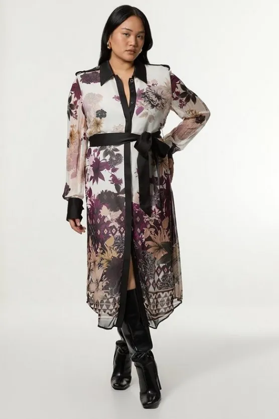 Karen Millen Plus Size Viscose Georgette Border Print Woven Midi Shirt Dress neutral Outlet