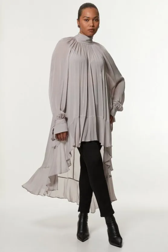 Karen Millen Plus Size Viscose Georgette Drama Woven Maxi Blouse taupe Clearance