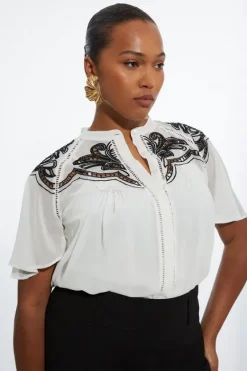 Karen Millen Plus Size Viscose Georgette Placed Cutwork Woven Blouse mono New