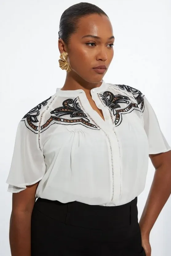 Karen Millen Plus Size Viscose Georgette Placed Cutwork Woven Blouse mono New