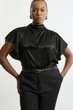 Karen Millen Plus Size Viscose Satin High Neck Woven Blouse black Sale