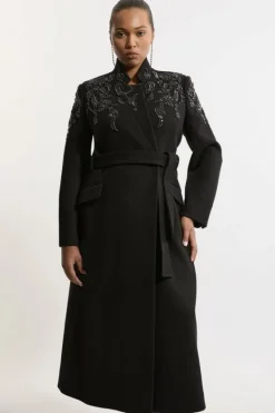 Karen Millen Plus Size Wool Blend Crystal Embellished Notch Neck Belted Midi Coat black New