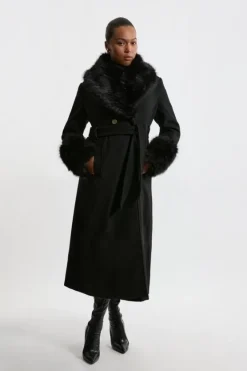 Karen Millen Plus Size Wool Blend Detachable Faux Fur Belted Midi Coat black Outlet