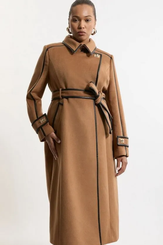 Karen Millen Plus Size Wool Blend Pu Trim Belted Tailored Double Breasted Coat camel Online