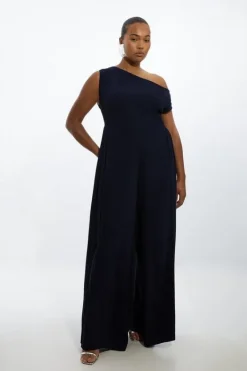 Karen Millen Plus Structured Crepe Drop Shoulder Pleated Panel Jumpsuit navy Sale