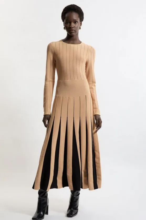 Karen Millen Pointelle Color Block Full Skirted Viscose Blend Knit Dress camel Clearance