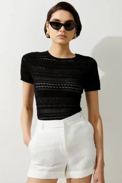 Karen Millen Pointelle Knit Racer Tee black Clearance