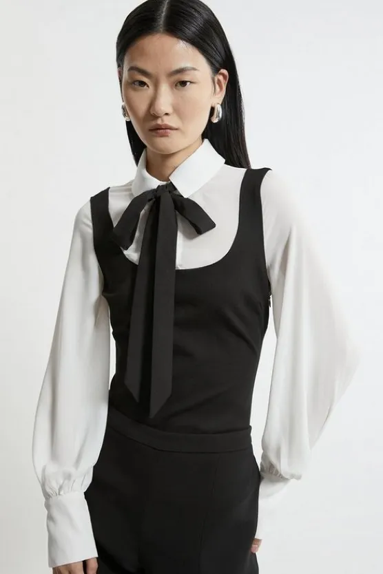 Karen Millen Ponte And Georgette Jersey Contrast Detail Blouse mono Clearance