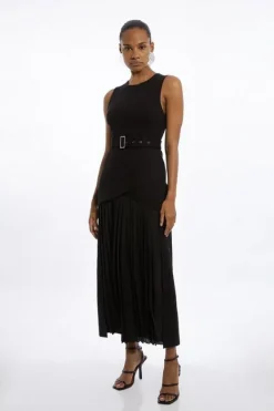 Karen Millen Ponte And Georgette Jersey Pleated Maxi Dress black Discount