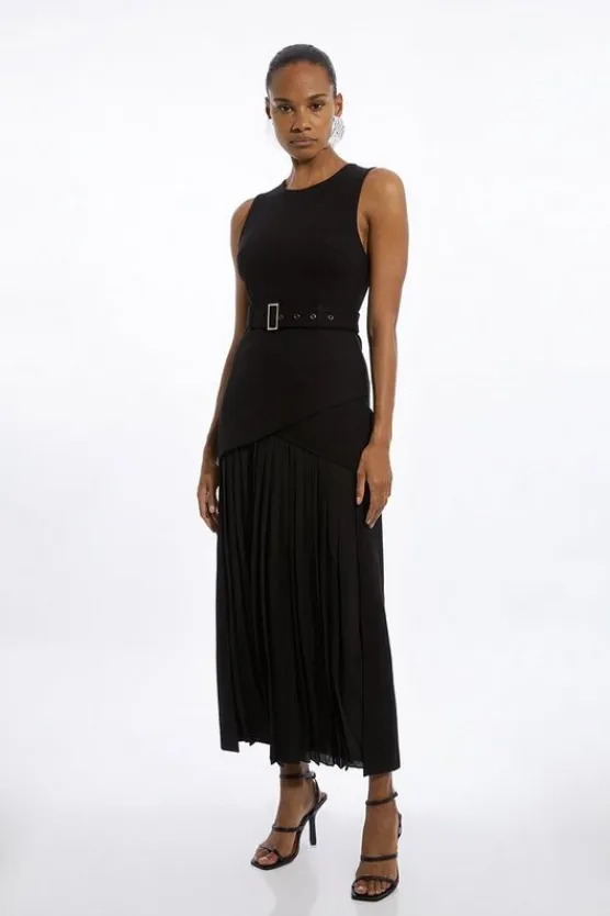 Karen Millen Ponte And Georgette Jersey Pleated Maxi Dress black Discount