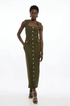 Karen Millen Ponte Belted Cap Sleeve Midi Dress khaki Outlet