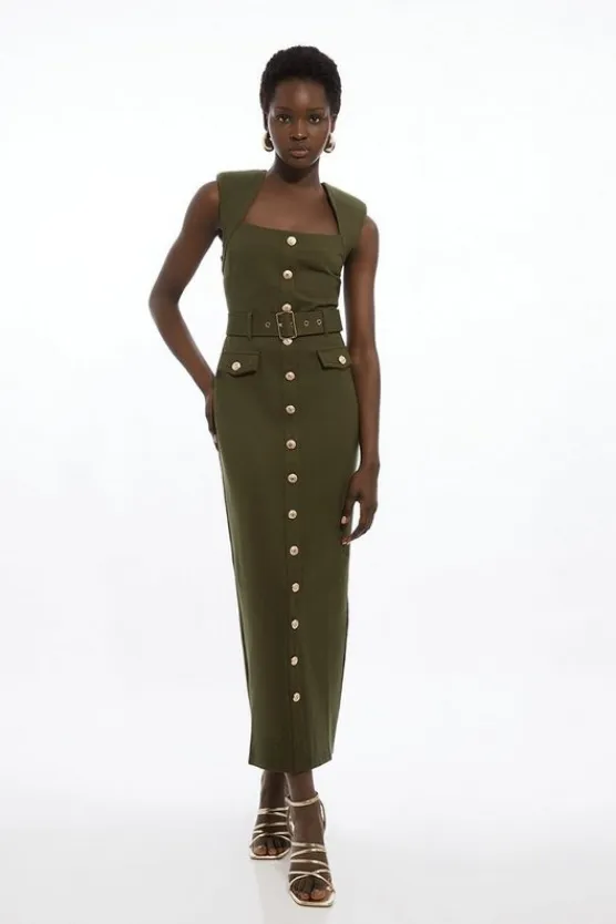 Karen Millen Ponte Belted Cap Sleeve Midi Dress khaki Outlet