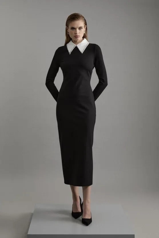 Karen Millen Ponte Embellished Contrast Collar Fitted Maxi Dress mono Discount