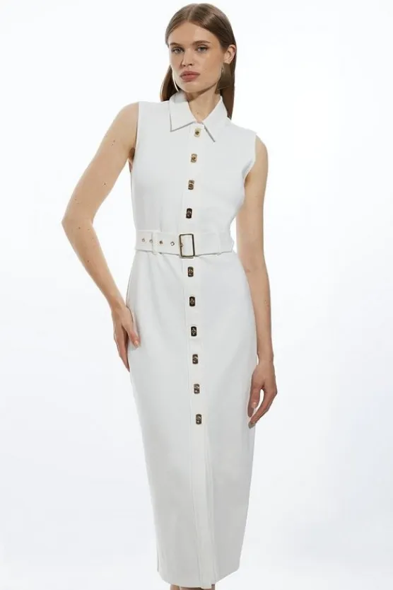 Karen Millen Ponte Jersey Hardwear And Pu Detail Midi Dress ivory Discount