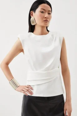 Karen Millen Ponte Ruched Round Neck Top ivory Clearance