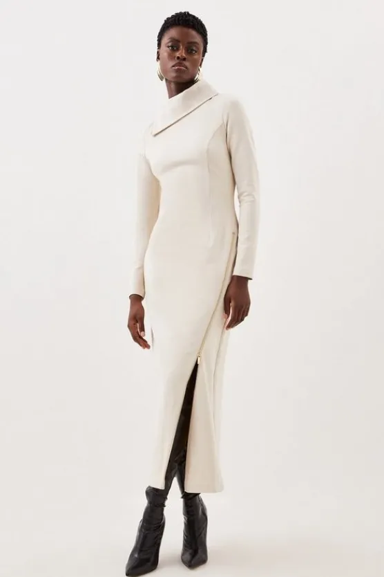 Karen Millen Ponte Zip Detail Midi Dress cream Hot
