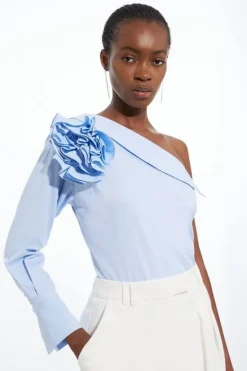 Karen Millen Poplin Rosette One Shoulder Woven Shirt blue New