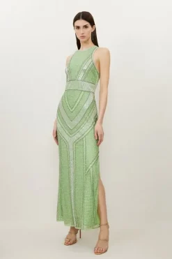 Karen Millen Premium Beading And Embellished Woven Halterneck Maxi Dress green Sale