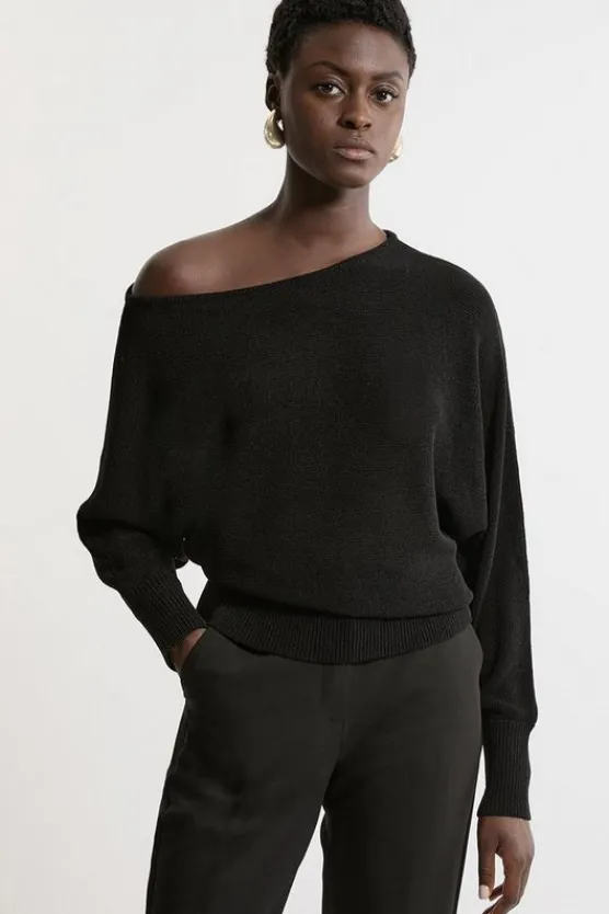 Karen Millen Premium Corded Open Stitch Off The Shoulder Knit Sweater black Discount