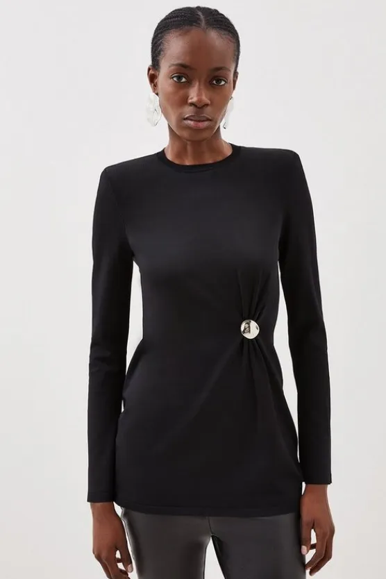 Karen Millen Premium Drape Funnel Neck Knit Gathered Trim Sweater black Online